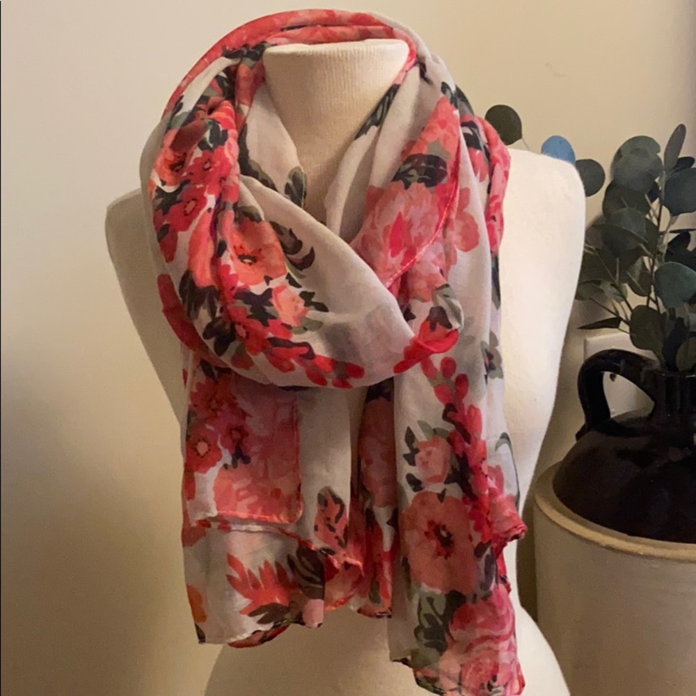 White and Pink Floral Scarf